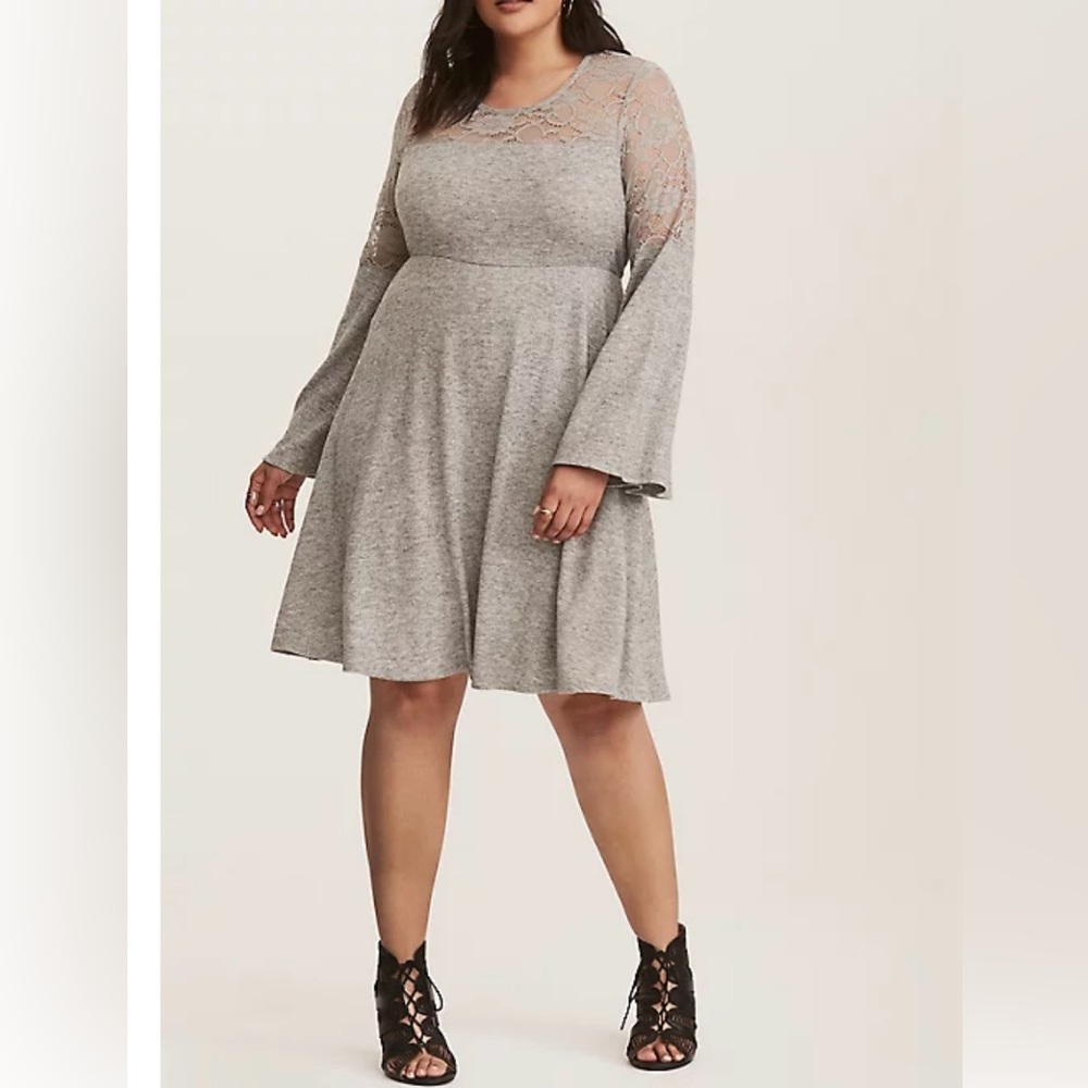Torrid Grey Bell Sleeve Lace Inset Dress Size 1